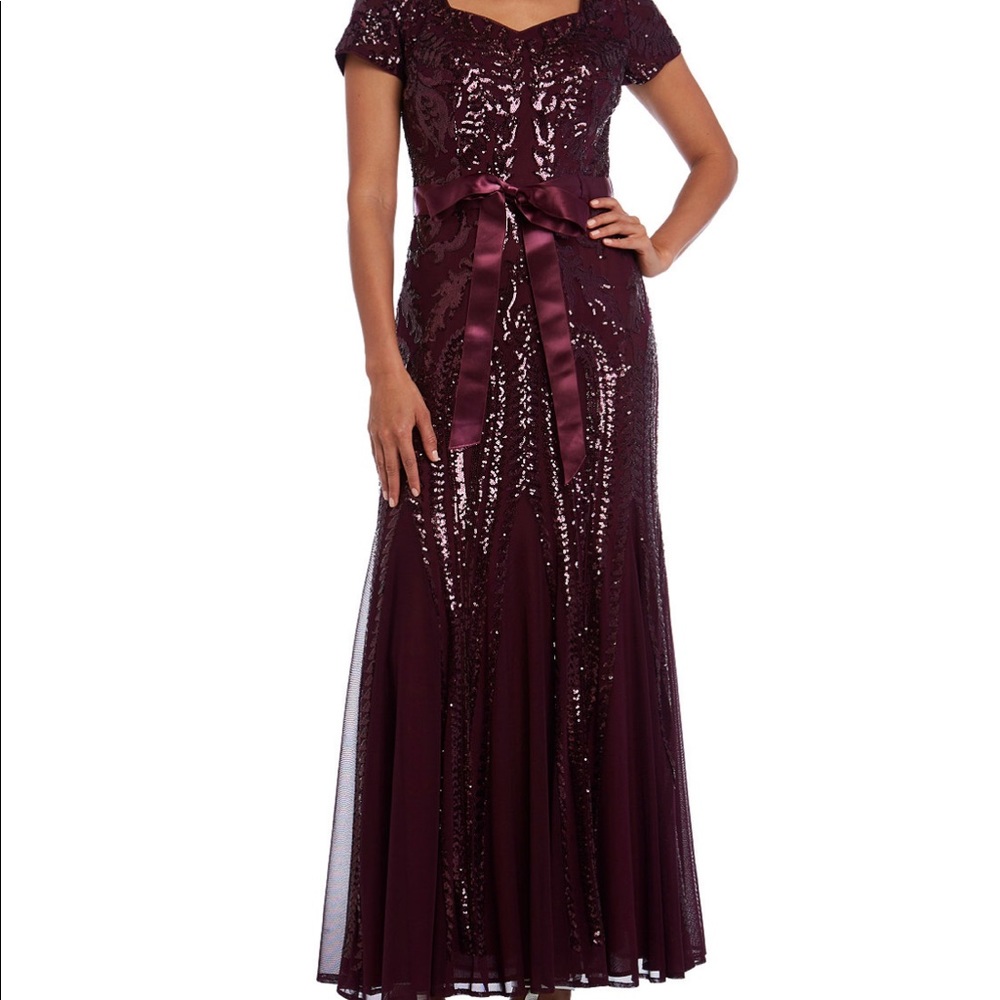R & M Richards Sequined Godet Pleated Gown